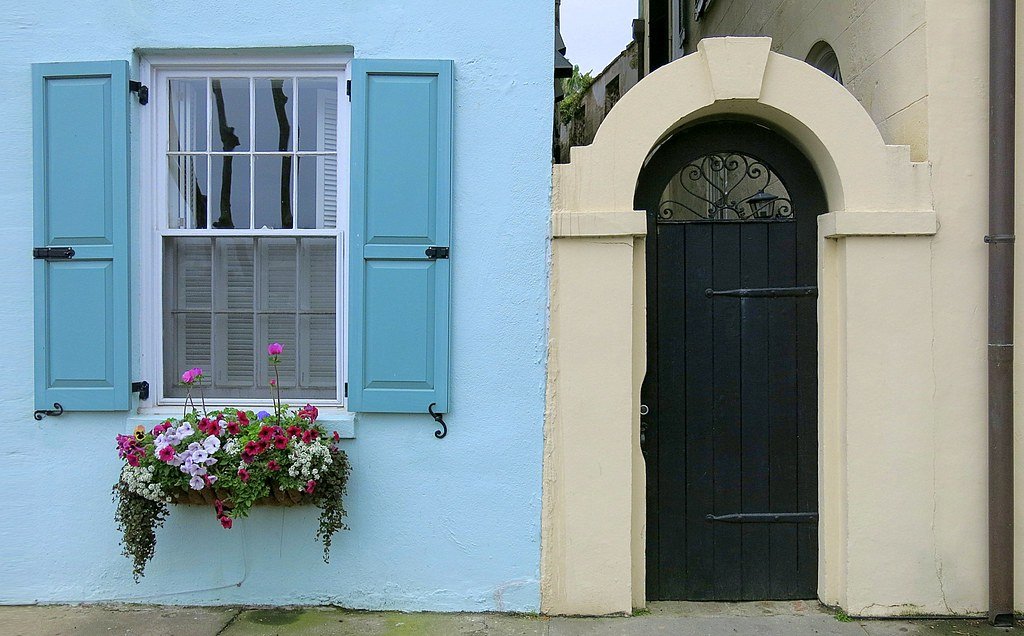 Charming Lowcountry storefront with flower boxes